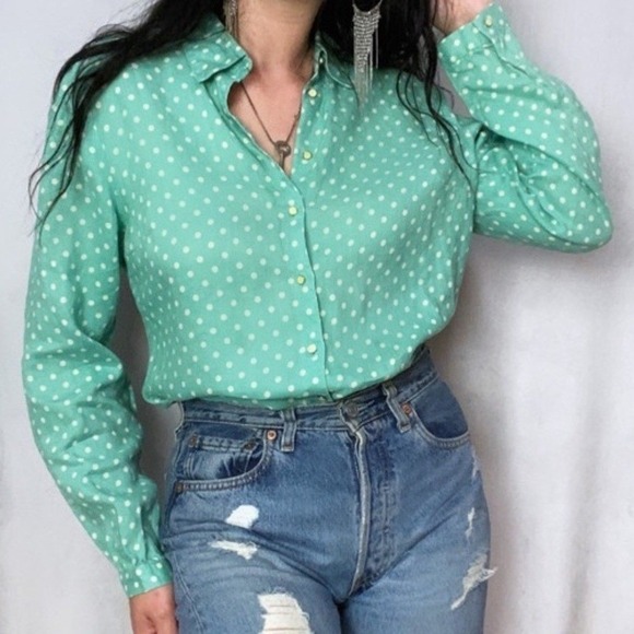 Soft Surroundings Tops - Soft Surroundings Button Down Womens XL Mint Green Polka Dot Linen Shirt Coastal